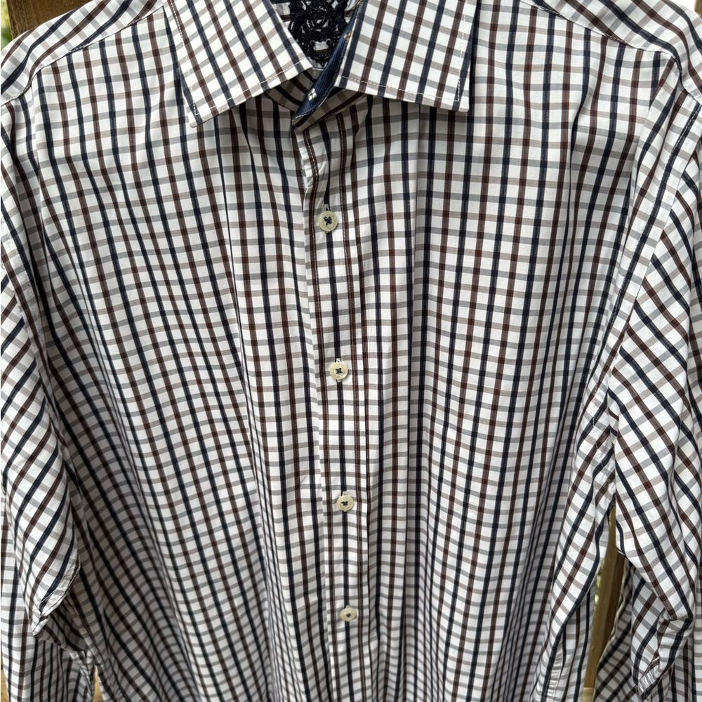 English Laundry White Button-Up Shirt with Brown and Black Windowpane Check